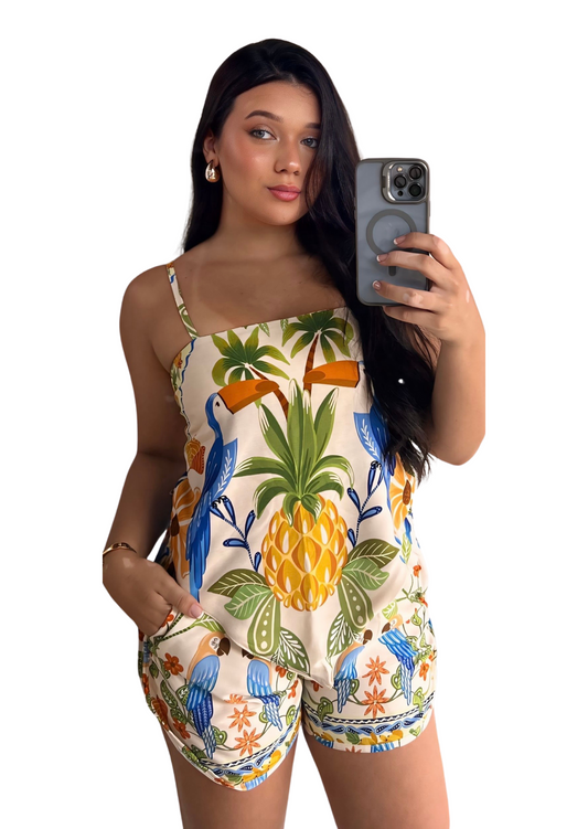 Conjunto 2 peças - short com blusa lenço florido